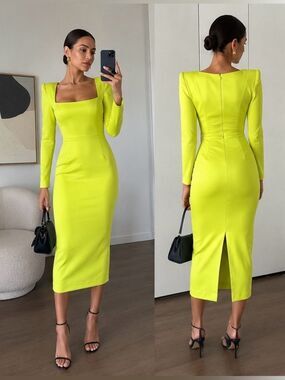 Alex Perry Manor Strong Shoulder Midi dress Acid US10/AU14